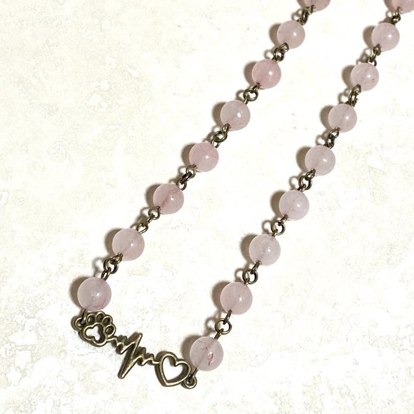 Natural Pink Rose Quartz Necklace, Bronze Paw Print Heart Beat+ Genuine Gemstone - Picture 5 of 14